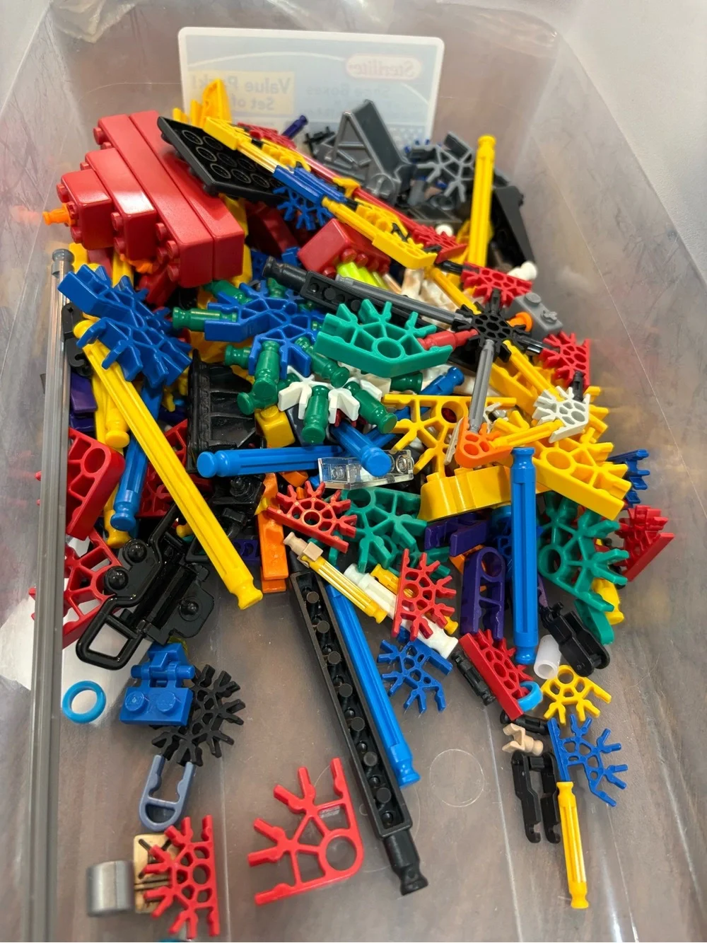 K'NEX building toys featuring various colorful plastic rods and connectors